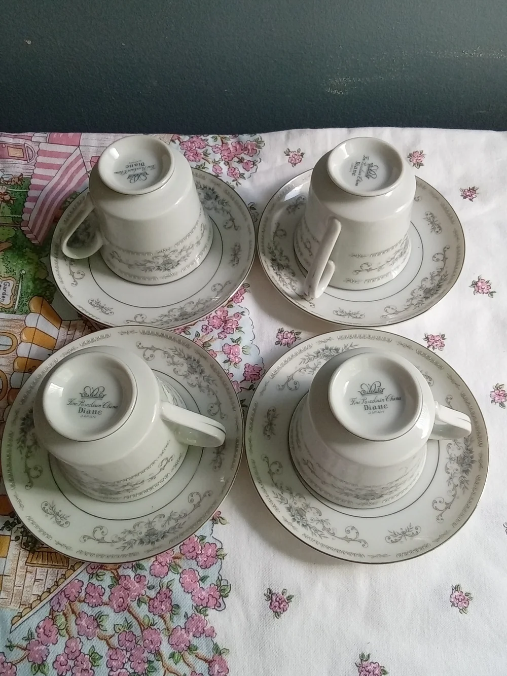 Fine Porcelain China Diane Japan Tea‎ Cup and Saucer Set of 4 Grey Floral Silver